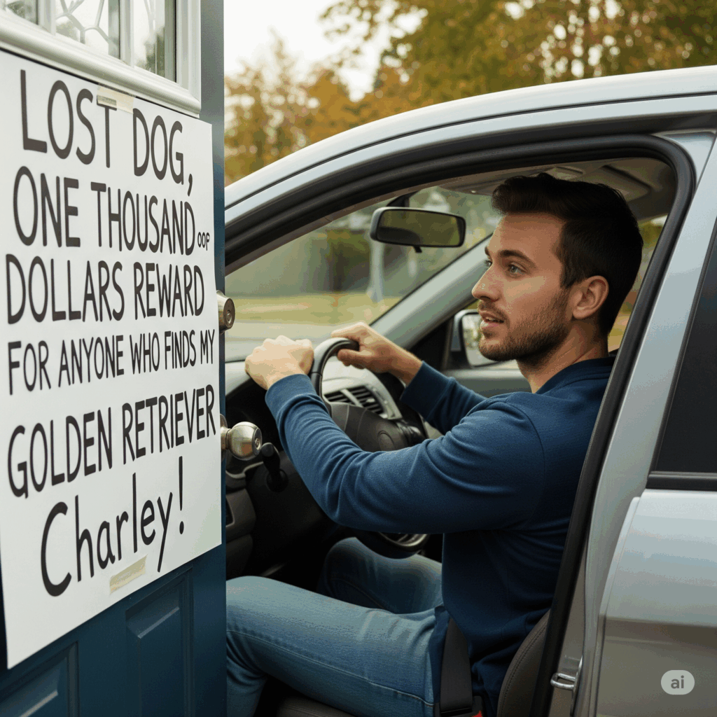Fin is driving on a residential road when he sees a sign on a house door that says \