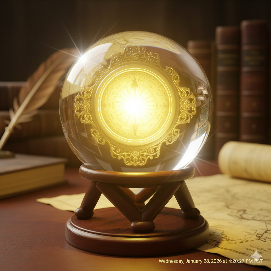 Crystal ball with a compass emitting a yellow glow