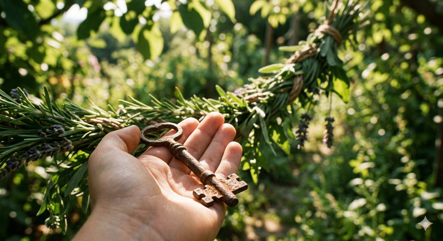 A high-detail, close-up shot of a hand holding a weathered, **rusty skeleton key**. In the blurred background, you can see a **braided rope of green herbs** (like rosemary or lavender) trailing off into a sun-drenched garden.